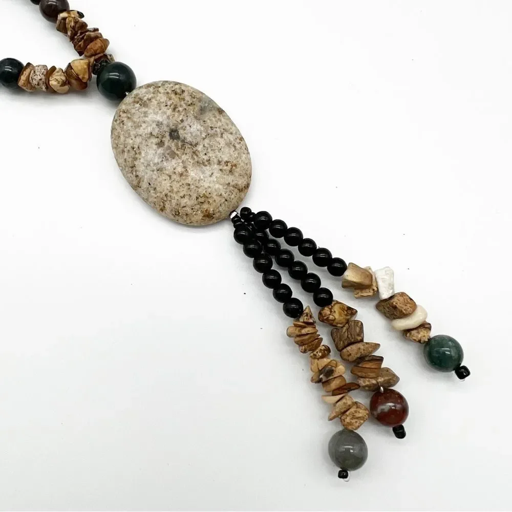 Natural Stone Round Bead Oval Pendant Chip Tassel Boho Fashion Necklace 34”